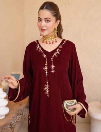 Velvet Shirt with Sheesha & Puff Embroidery